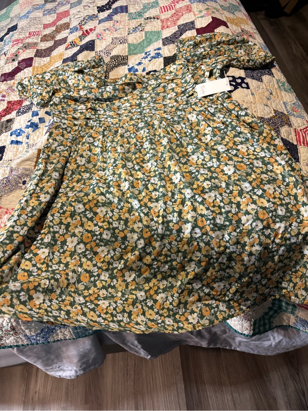 Thrive Green Floral Mini Dress with Yellow & White Blossoms
